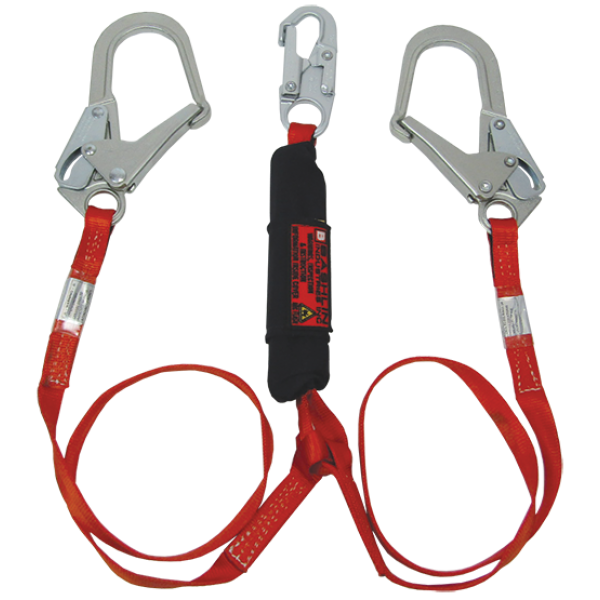 Twin leg climbing lanyard with steel rope snap, two large steel ladder ...